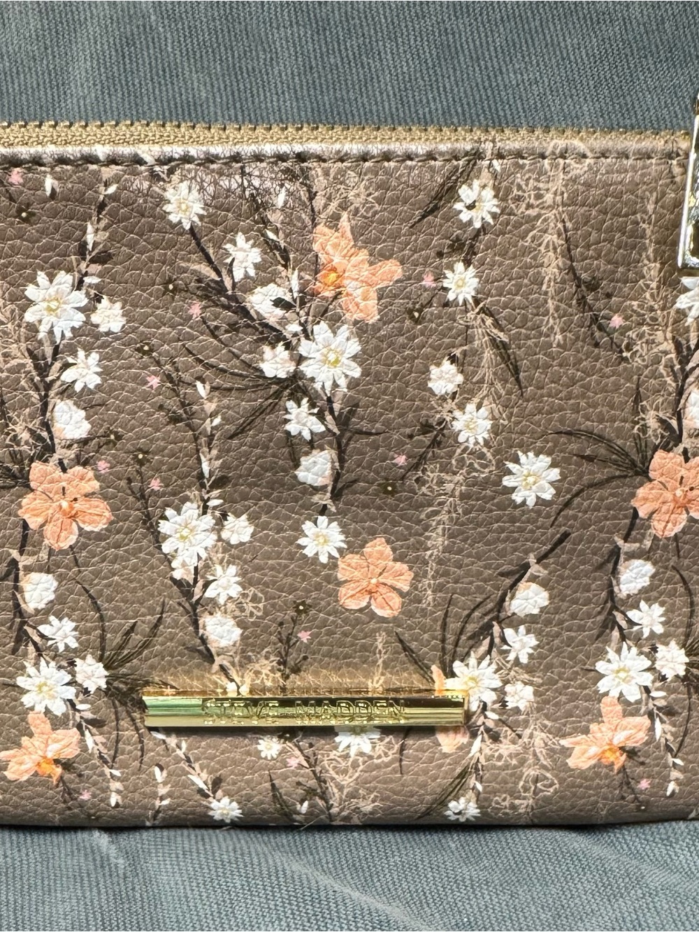 Steve Madden Brown Floral Cosmetic Pouch with Gold Accent